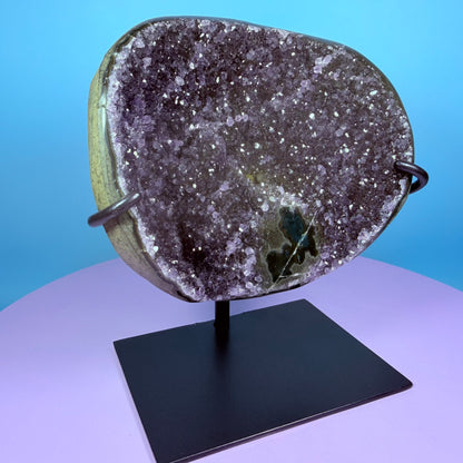 Amethyst Large Semi-Polished Cluster Freeform with Agate on Metal Stand (Video)
