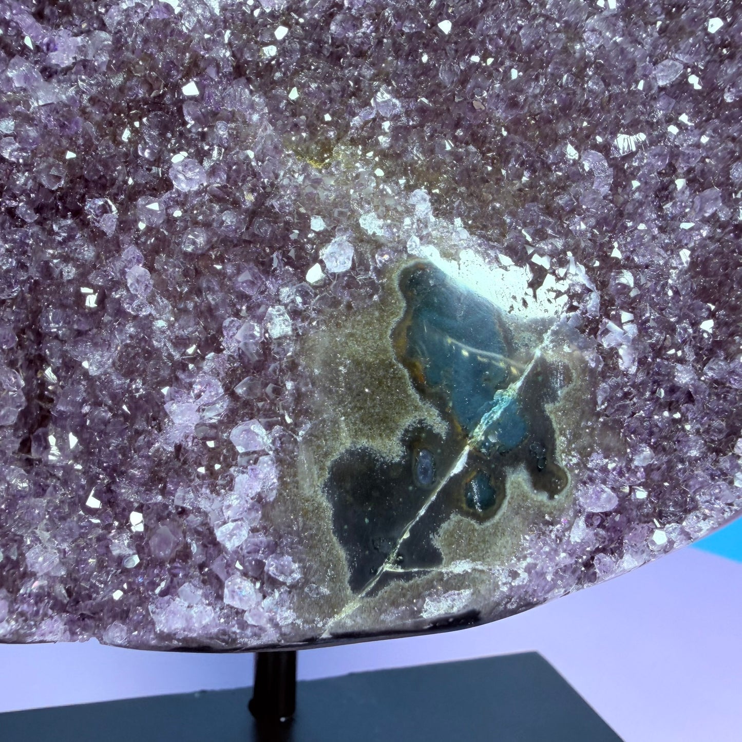 Amethyst Large Semi-Polished Cluster Freeform with Agate on Metal Stand (Video)