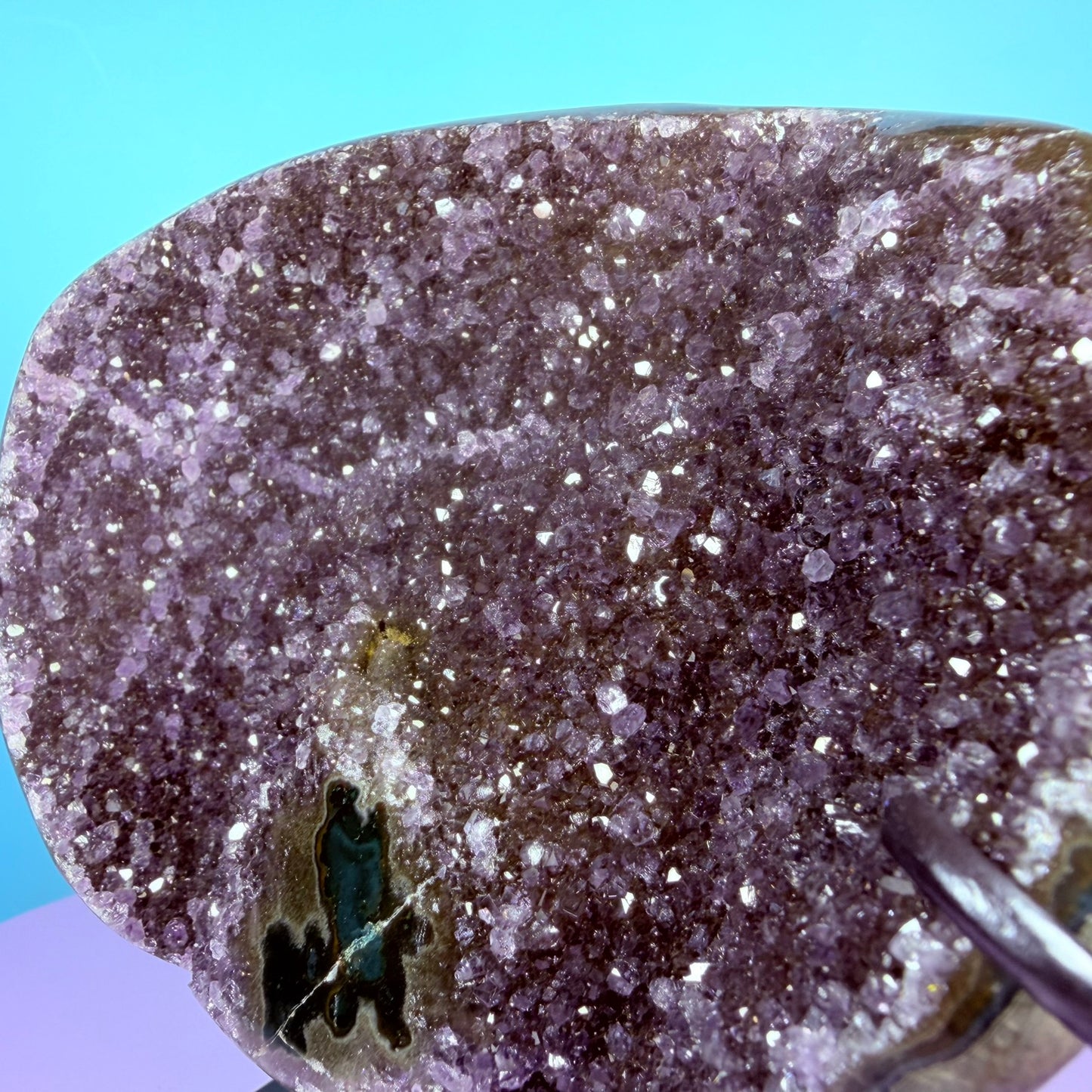 Amethyst Large Semi-Polished Cluster Freeform with Agate on Metal Stand (Video)