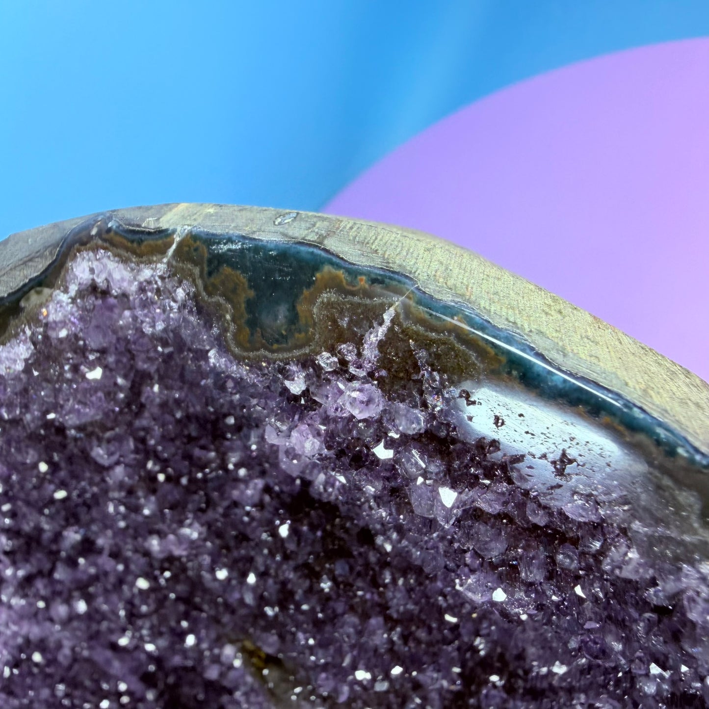 Amethyst Large Semi-Polished Cluster Freeform with Agate on Metal Stand (Video)