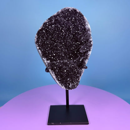 Black Amethyst Large Semi-Polished Cluster Freeform with Agate on Metal Stand (Video)