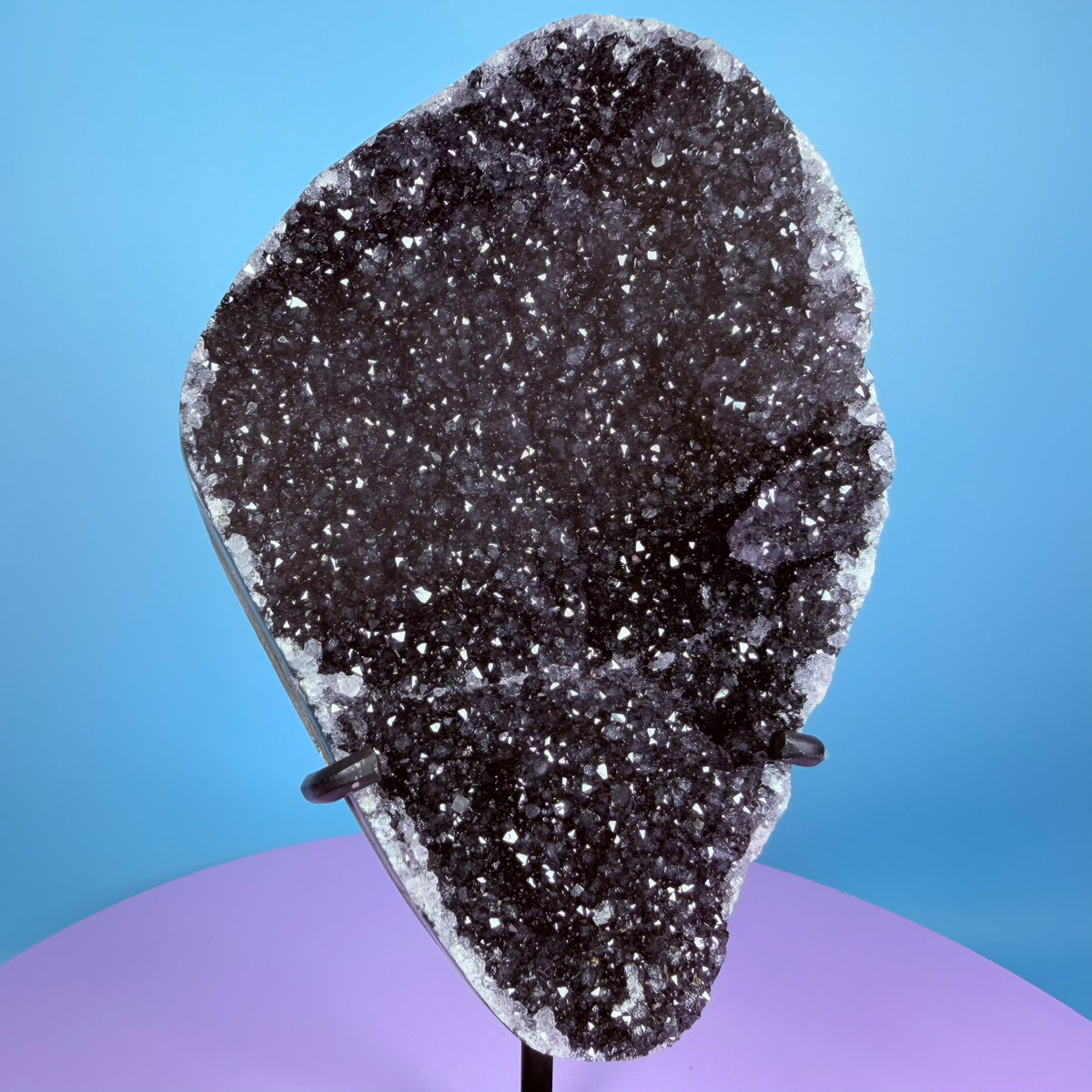 Black Amethyst Large Semi-Polished Cluster Freeform with Agate on Metal Stand (Video)