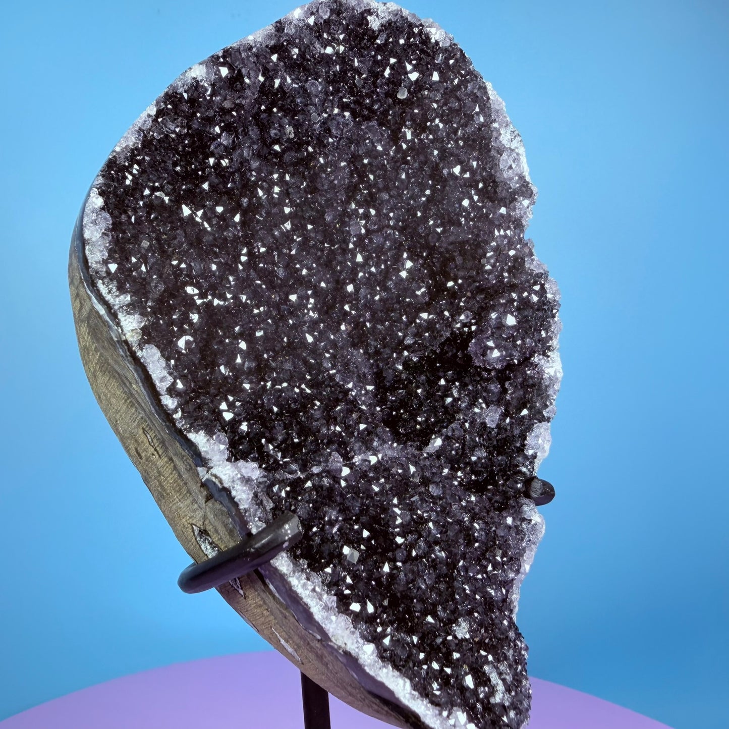 Black Amethyst Large Semi-Polished Cluster Freeform with Agate on Metal Stand (Video)