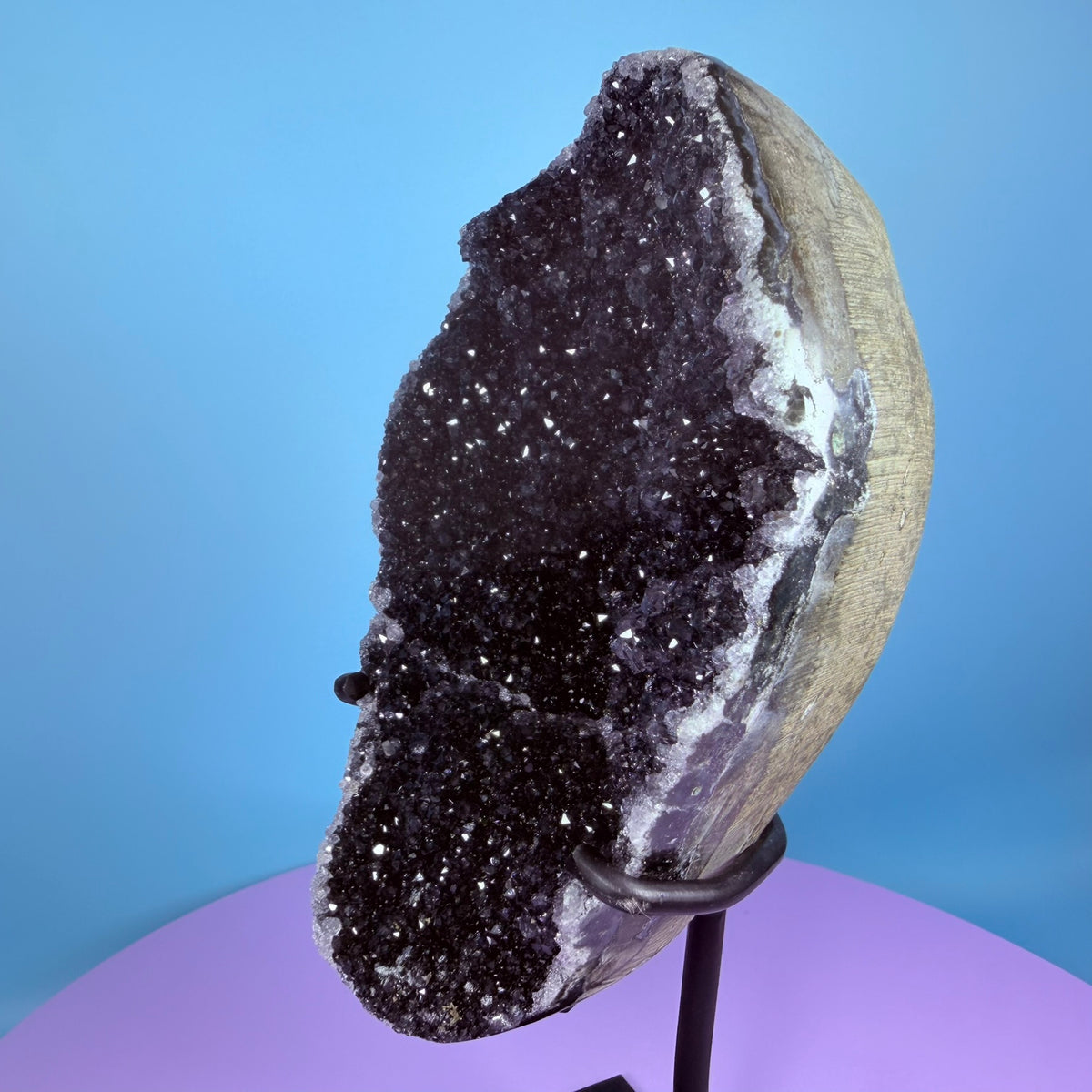 Black Amethyst Large Semi-Polished Cluster Freeform with Agate on Metal Stand (Video)