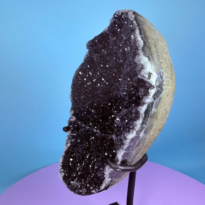 Black Amethyst Large Semi-Polished Cluster Freeform with Agate on Metal Stand (Video)