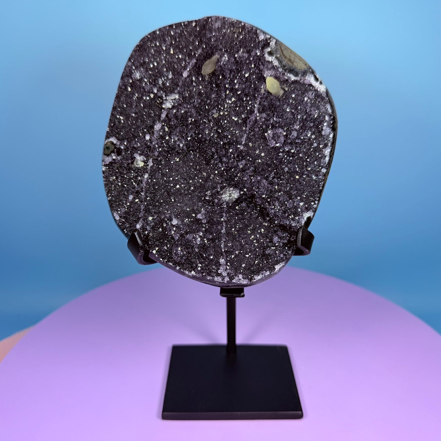 Amethyst Large Semi-Polished Cluster Freeform with Calcite on Metal Stand (Video)