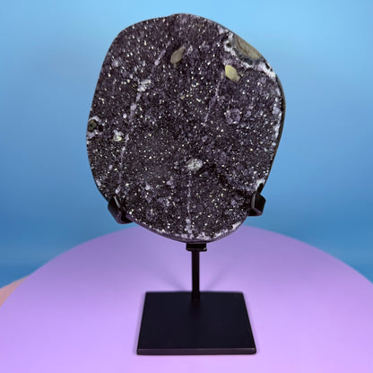 Amethyst Large Semi-Polished Cluster Freeform with Calcite on Metal Stand (Video)