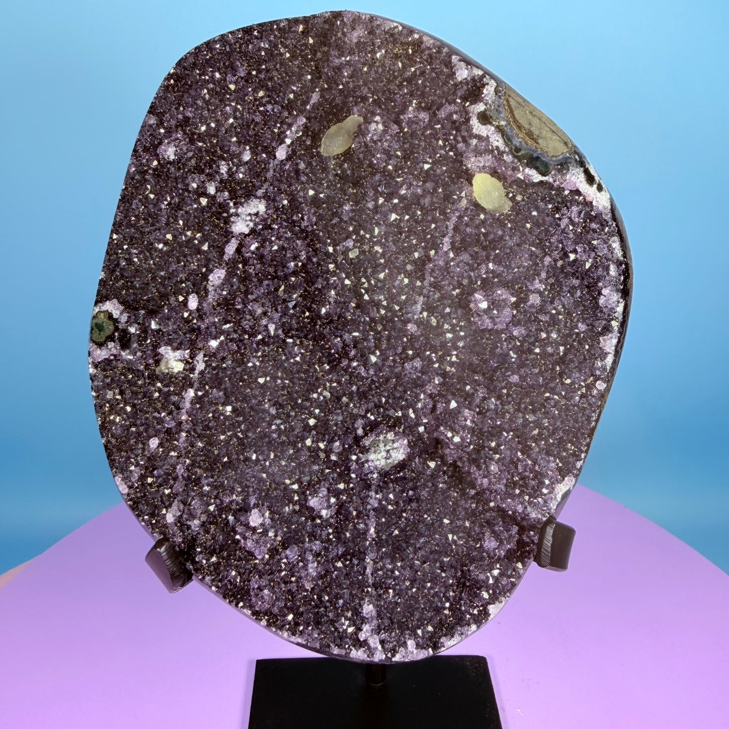 Amethyst Large Semi-Polished Cluster Freeform with Calcite on Metal Stand (Video)