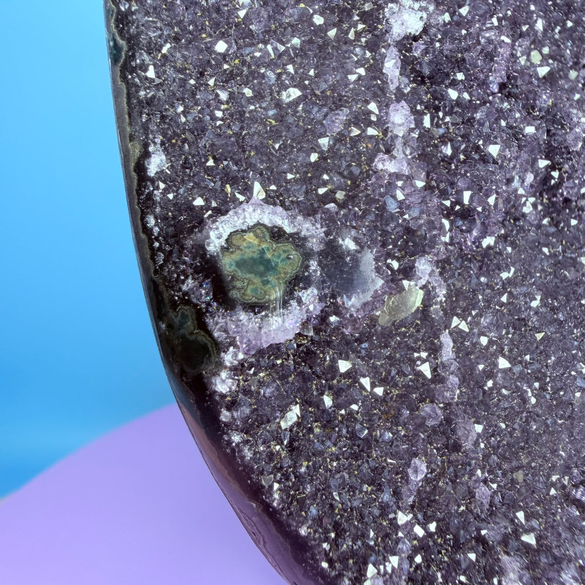 Amethyst Large Semi-Polished Cluster Freeform with Calcite on Metal Stand (Video)