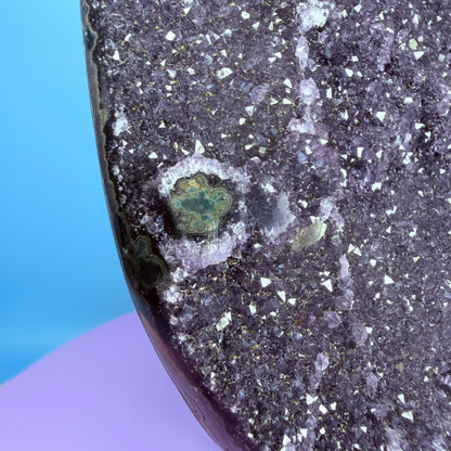 Amethyst Large Semi-Polished Cluster Freeform with Calcite on Metal Stand (Video)