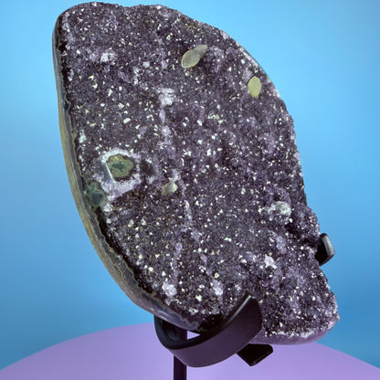 Amethyst Large Semi-Polished Cluster Freeform with Calcite on Metal Stand (Video)