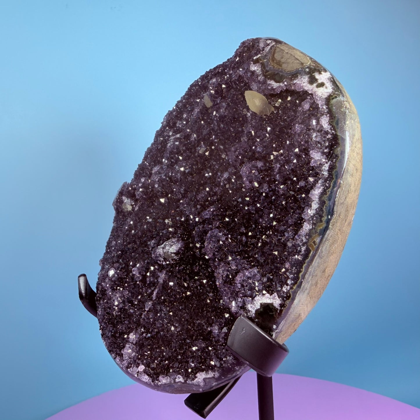 Amethyst Large Semi-Polished Cluster Freeform with Calcite on Metal Stand (Video)