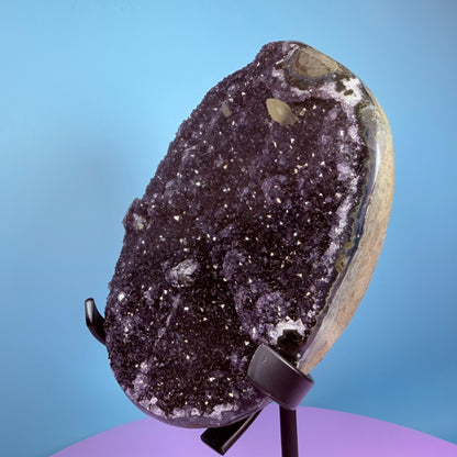 Amethyst Large Semi-Polished Cluster Freeform with Calcite on Metal Stand (Video)