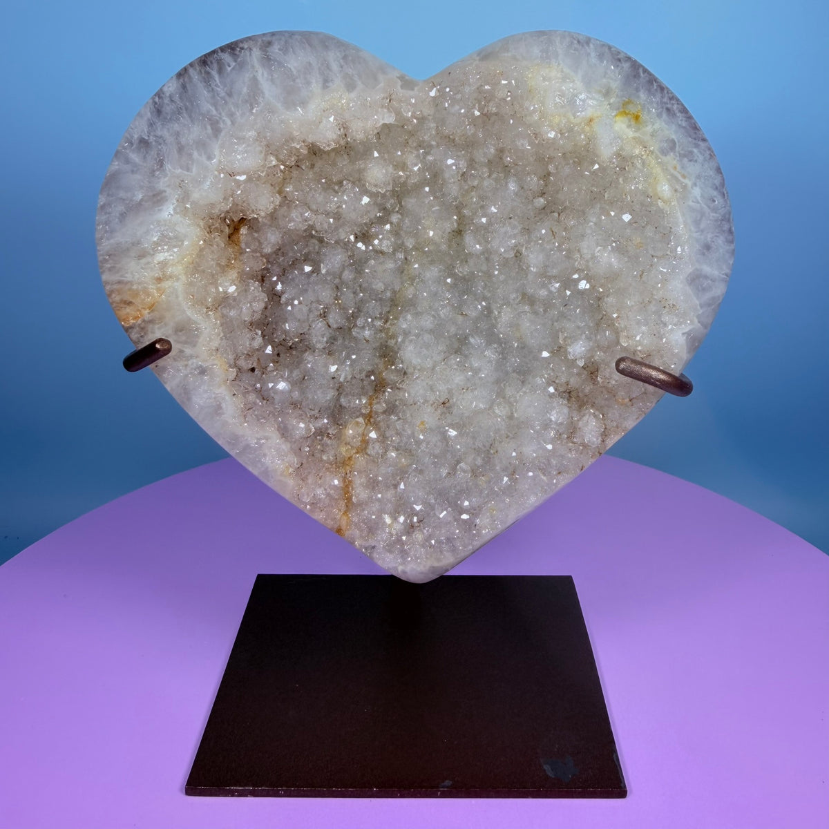 Sugar Quartz Cluster Heart Large Carving on Metal Stand (Video)
