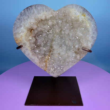 Sugar Quartz Cluster Heart Large Carving on Metal Stand (Video)