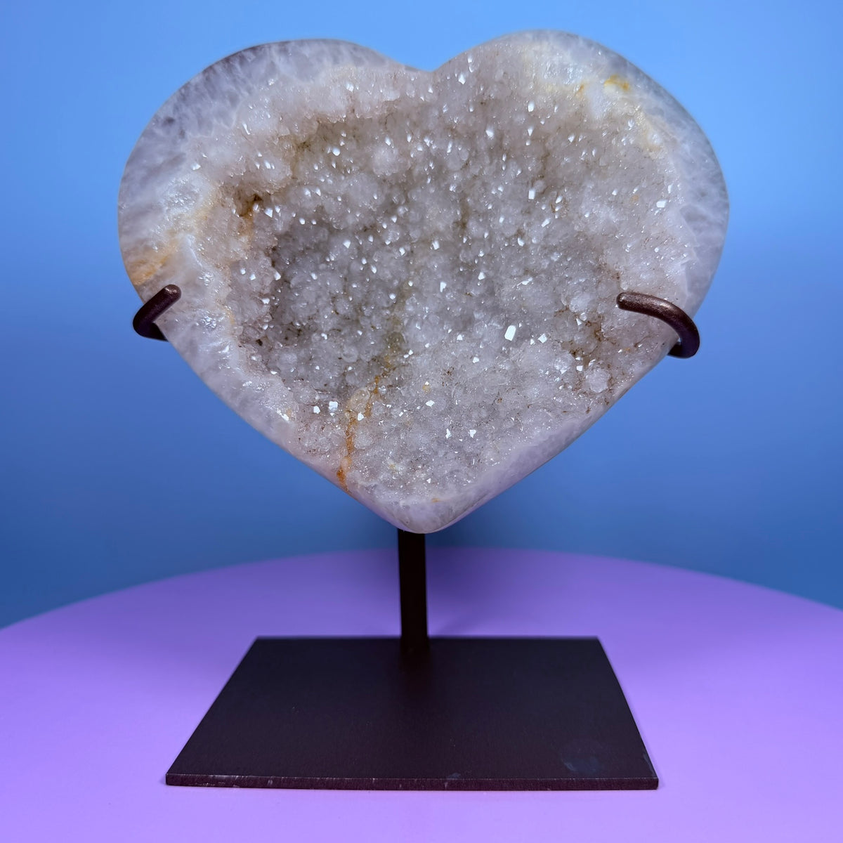 Sugar Quartz Cluster Heart Large Carving on Metal Stand (Video)