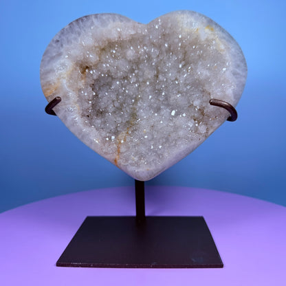 Sugar Quartz Cluster Heart Large Carving on Metal Stand (Video)