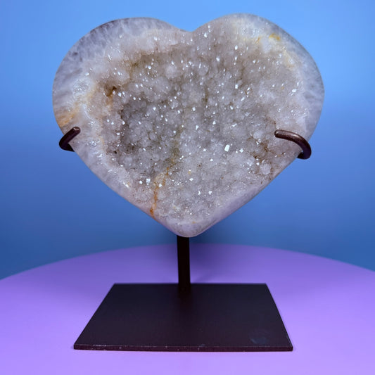 Sugar Quartz Cluster Heart Large Carving on Metal Stand (Video)