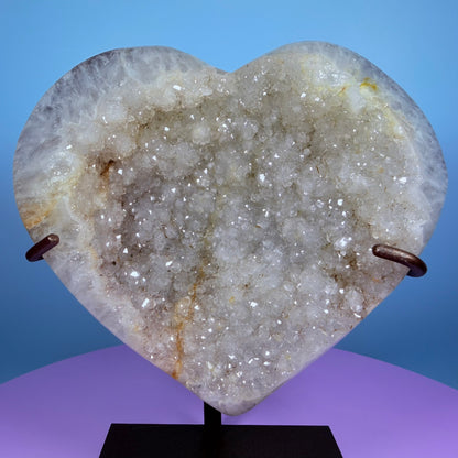Sugar Quartz Cluster Heart Large Carving on Metal Stand (Video)
