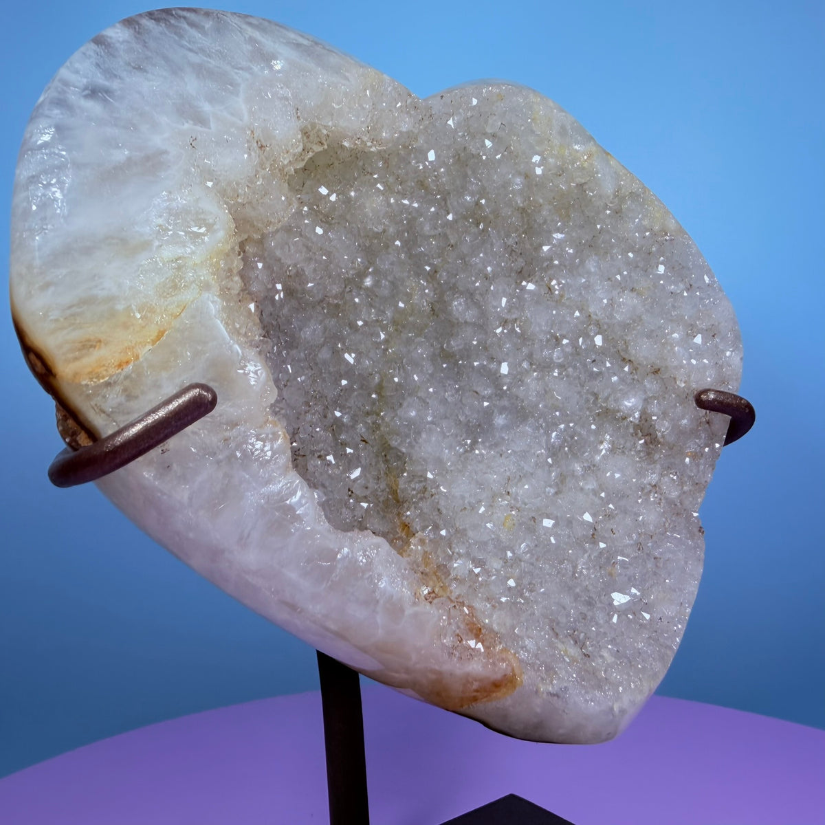Sugar Quartz Cluster Heart Large Carving on Metal Stand (Video)