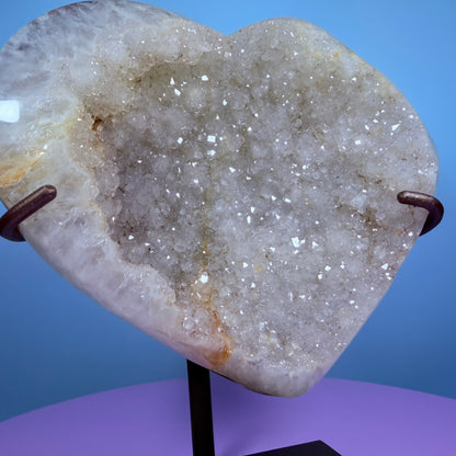 Sugar Quartz Cluster Heart Large Carving on Metal Stand (Video)
