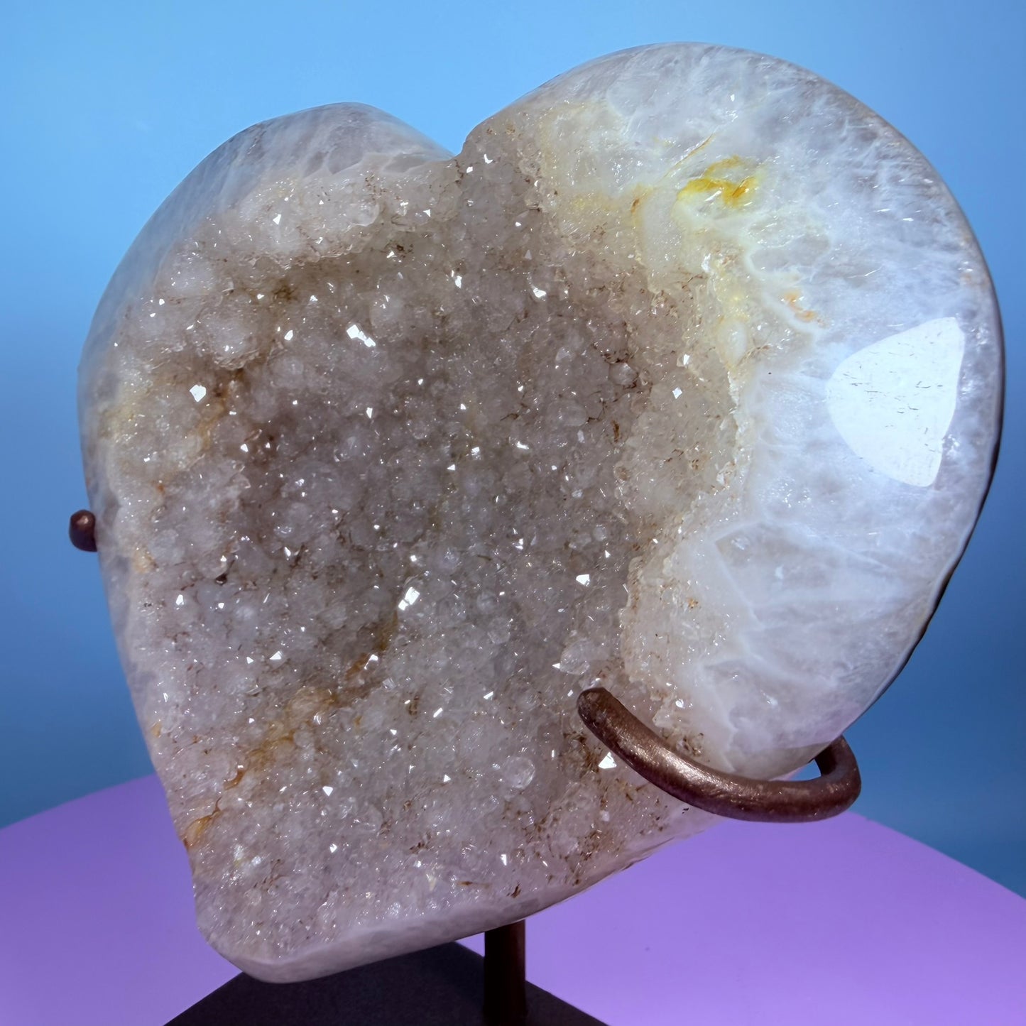 Sugar Quartz Cluster Heart Large Carving on Metal Stand (Video)
