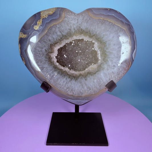 Druzy Blue Agate Heart Extra Large XL Carving on Metal Stand (Video)