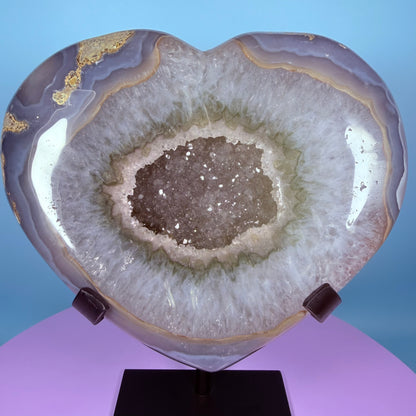 Druzy Blue Agate Heart Extra Large XL Carving on Metal Stand (Video)