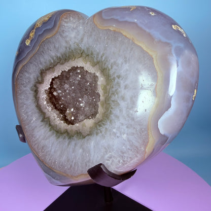 Druzy Blue Agate Heart Extra Large XL Carving on Metal Stand (Video)