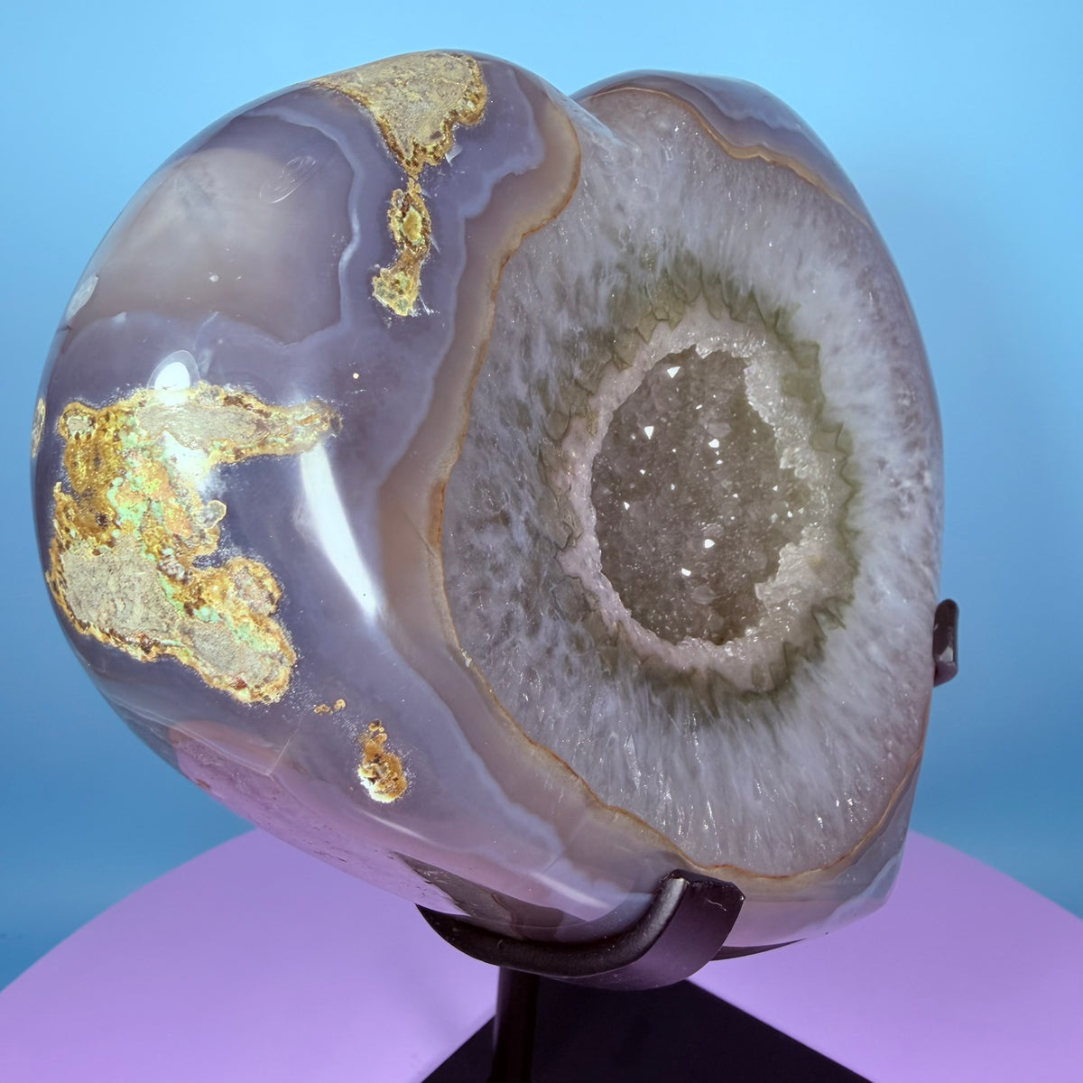 Druzy Blue Agate Heart Extra Large XL Carving on Metal Stand (Video)
