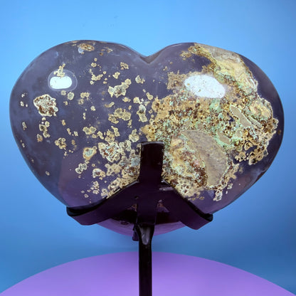 Druzy Blue Agate Heart Extra Large XL Carving on Metal Stand (Video)