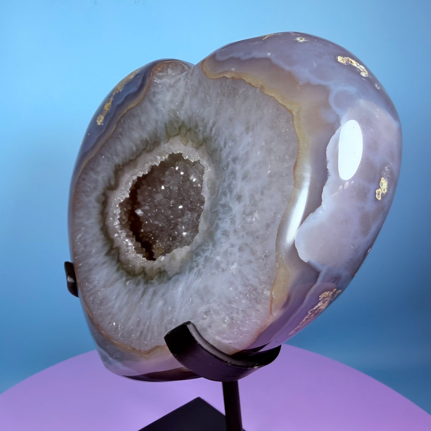 Druzy Blue Agate Heart Extra Large XL Carving on Metal Stand (Video)
