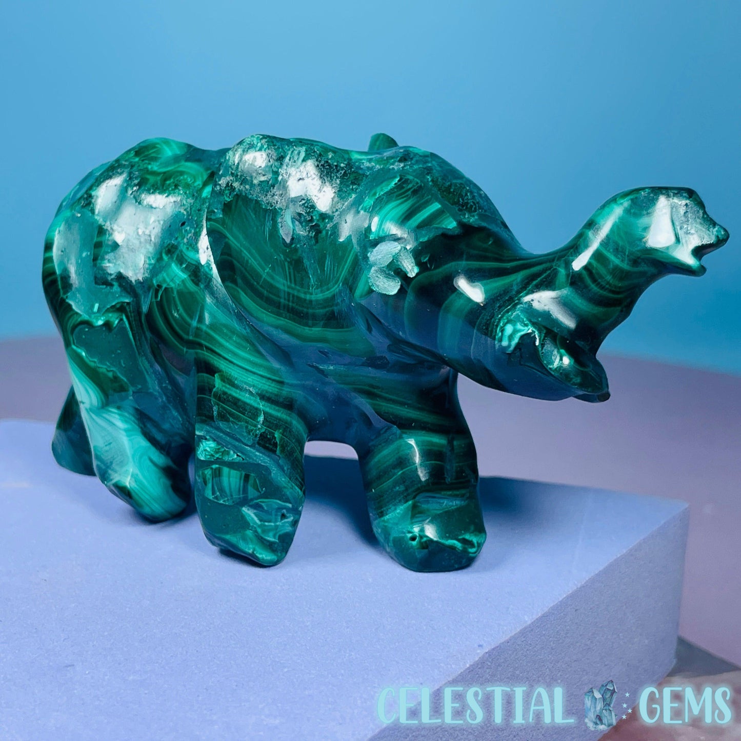 Malachite Elephant Medium Carving