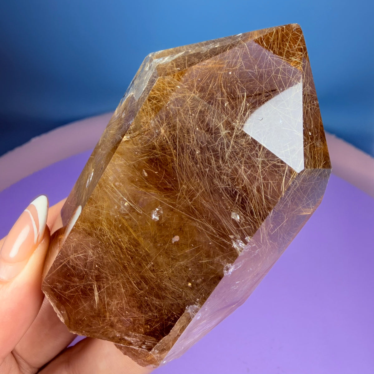 Gold Rutile Quartz Semi-Polished Large Point with Manifestation Crystals