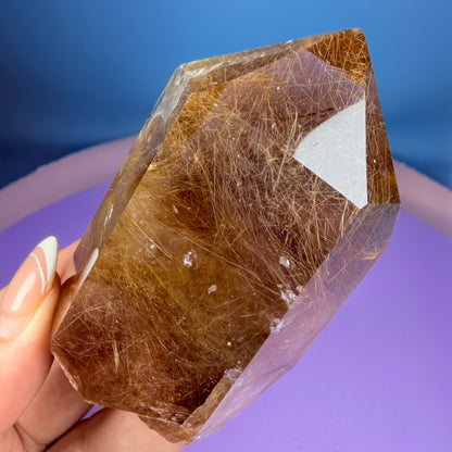 Gold Rutile Quartz Semi-Polished Large Point with Manifestation Crystals