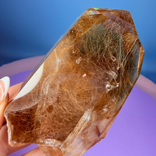 Gold Rutile Quartz Semi-Polished Large Point with Manifestation Crystals