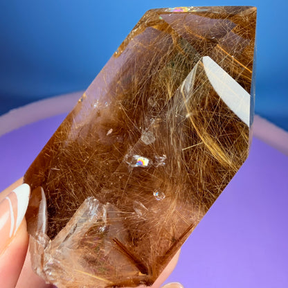 Gold Rutile Quartz Semi-Polished Large Point with Manifestation Crystals
