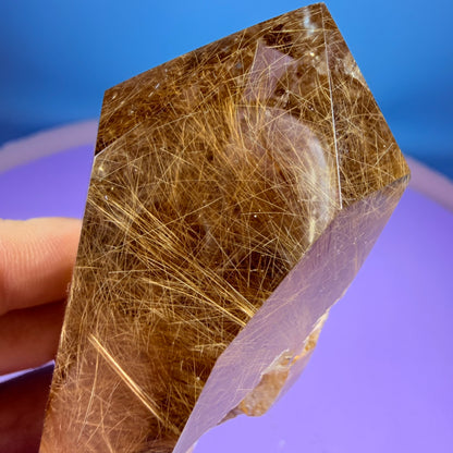 Gold Rutile Quartz Semi-Polished Large Point with Manifestation Crystals