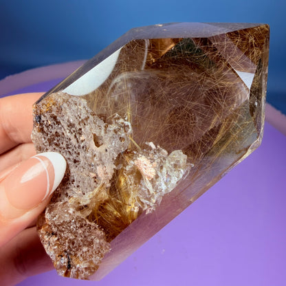 Gold Rutile Quartz Semi-Polished Large Point with Manifestation Crystals