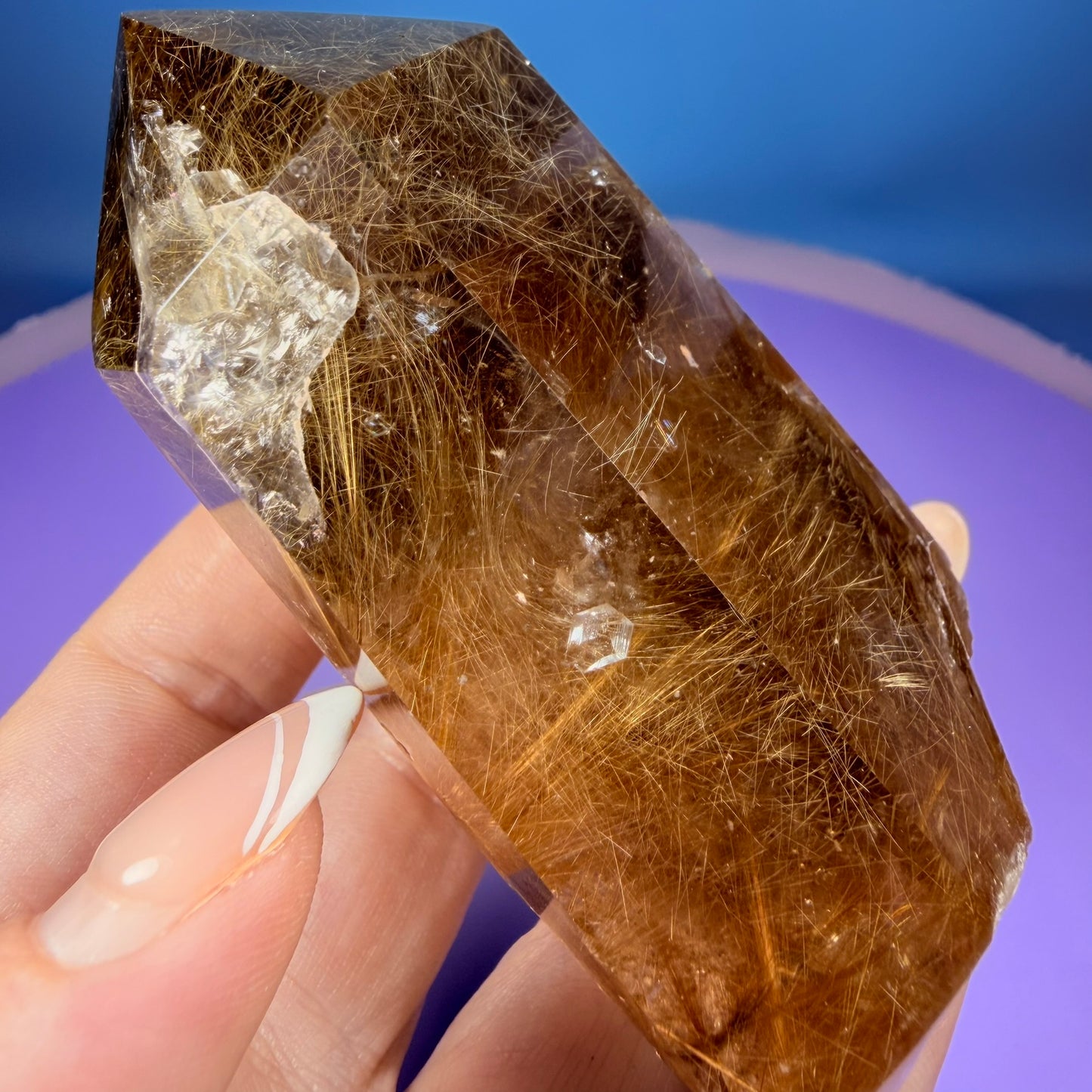 Gold Rutile Quartz Semi-Polished Large Point with Manifestation Crystals