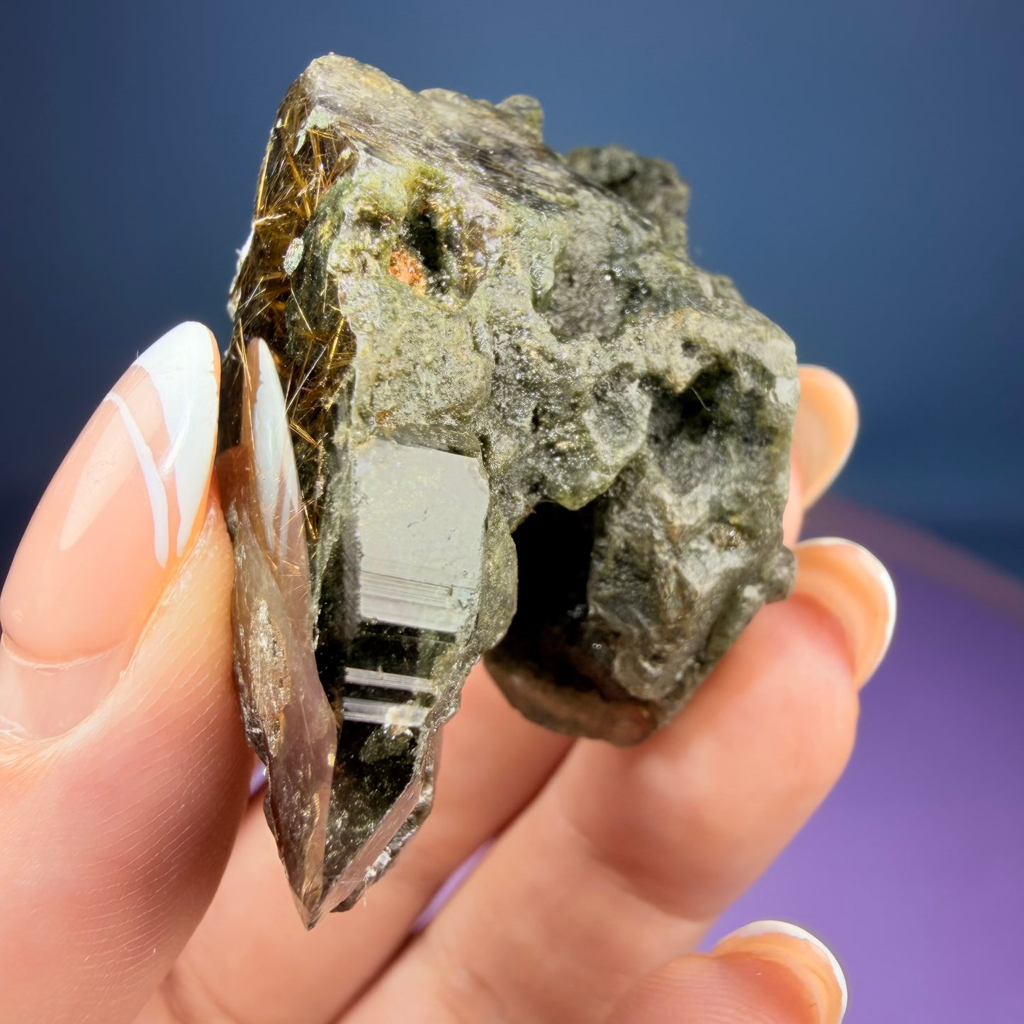 Gold Rutile Chlorite Quartz Raw Piece with Polished Seer Window