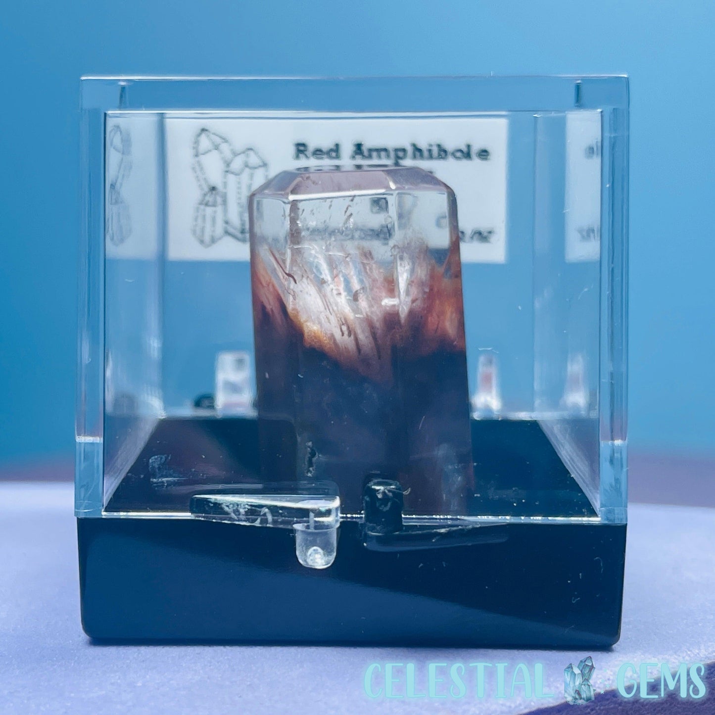 Red Amphibole Quartz Faceted Gemstone in Specimen Box