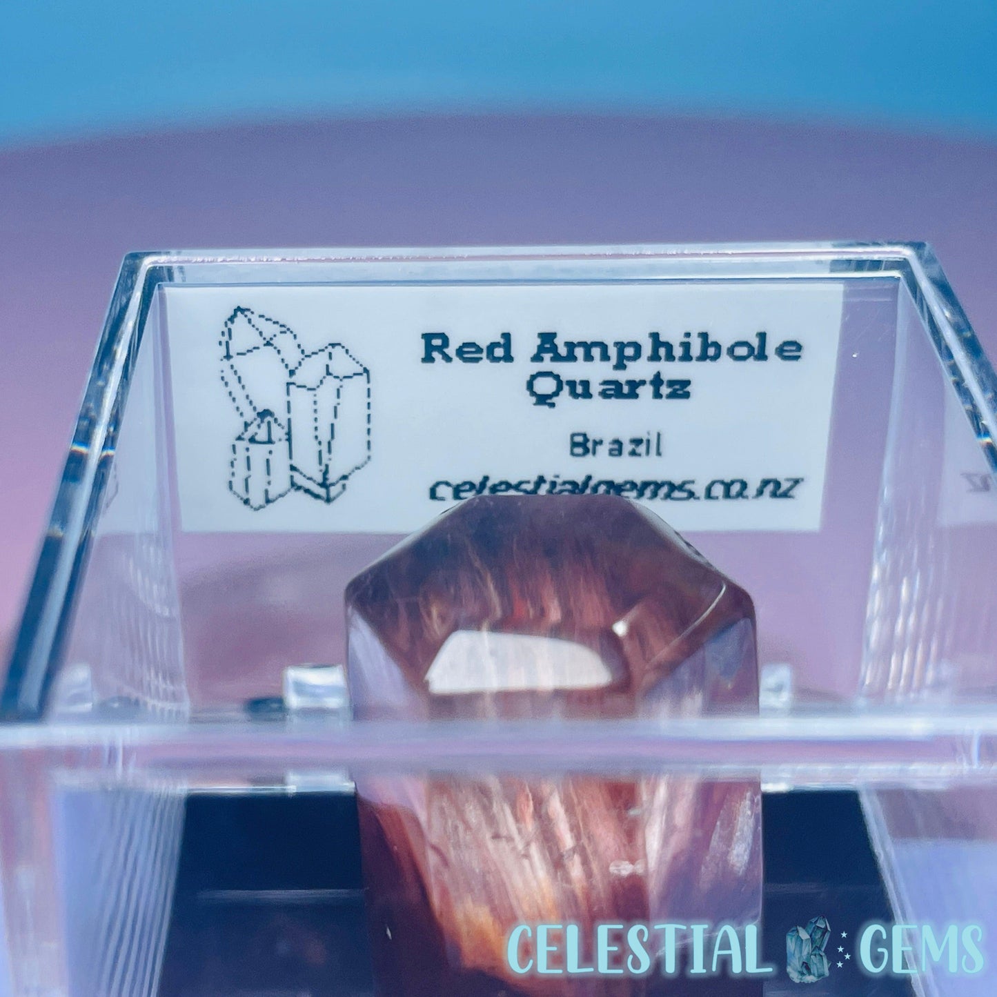 Red Amphibole Quartz Faceted Gemstone in Specimen Box