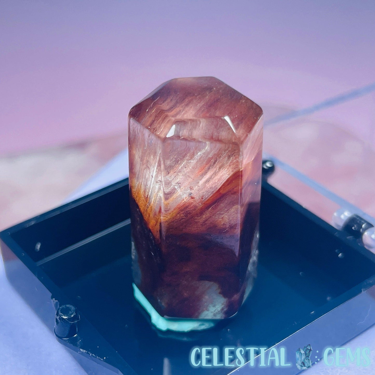 Red Amphibole Quartz Faceted Gemstone in Specimen Box