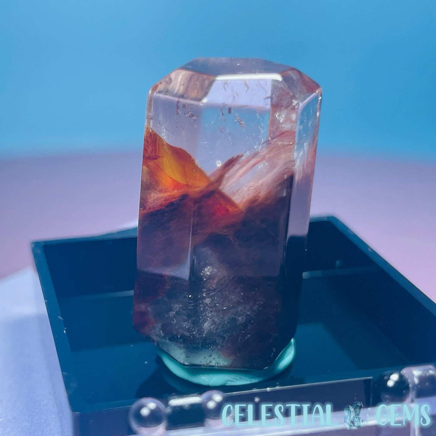 Red Amphibole Quartz Faceted Gemstone in Specimen Box