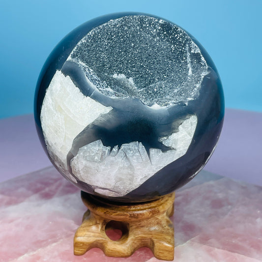 Druzy Volcanic Agate + Mangano Calcite UV Large Sphere