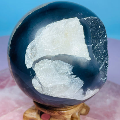 Druzy Volcanic Agate + Mangano Calcite UV Large Sphere