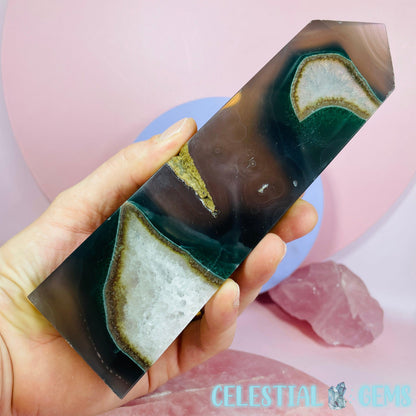 Agate with Green Celadonite Inclusion Large Flat Tower A
