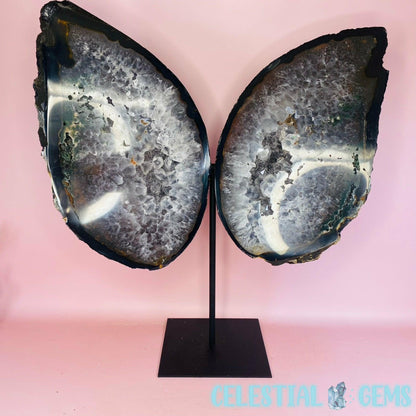 Black Agate Cut Geode XL Butterfly on Metal Stand