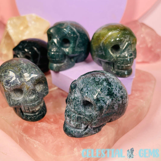 Moss Agate Skull Small Carving